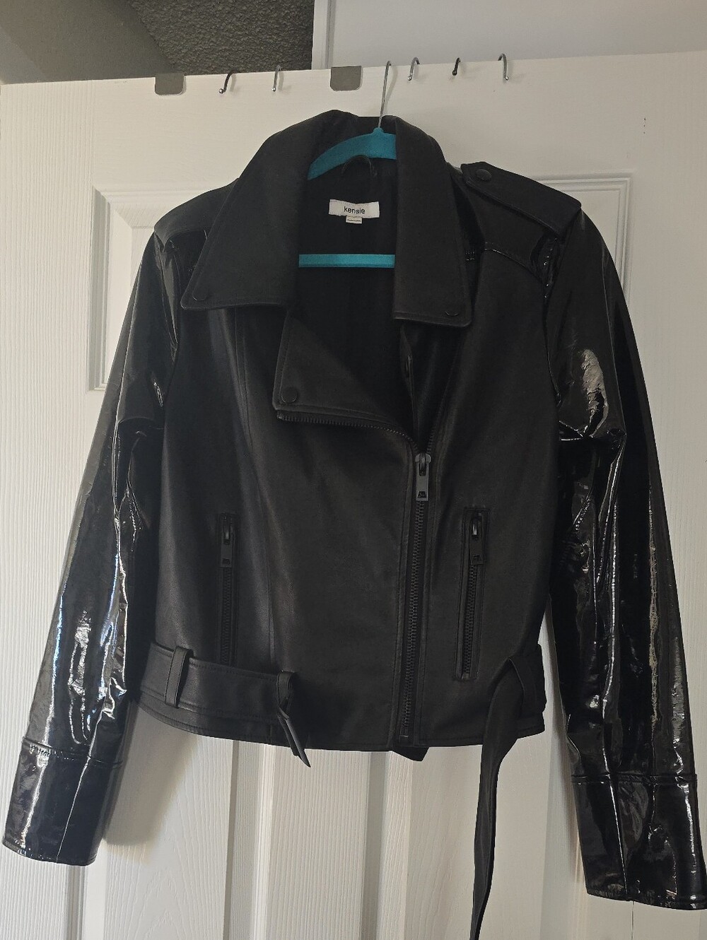 kensie Black Mixed-Finish Leather Moto Jacket